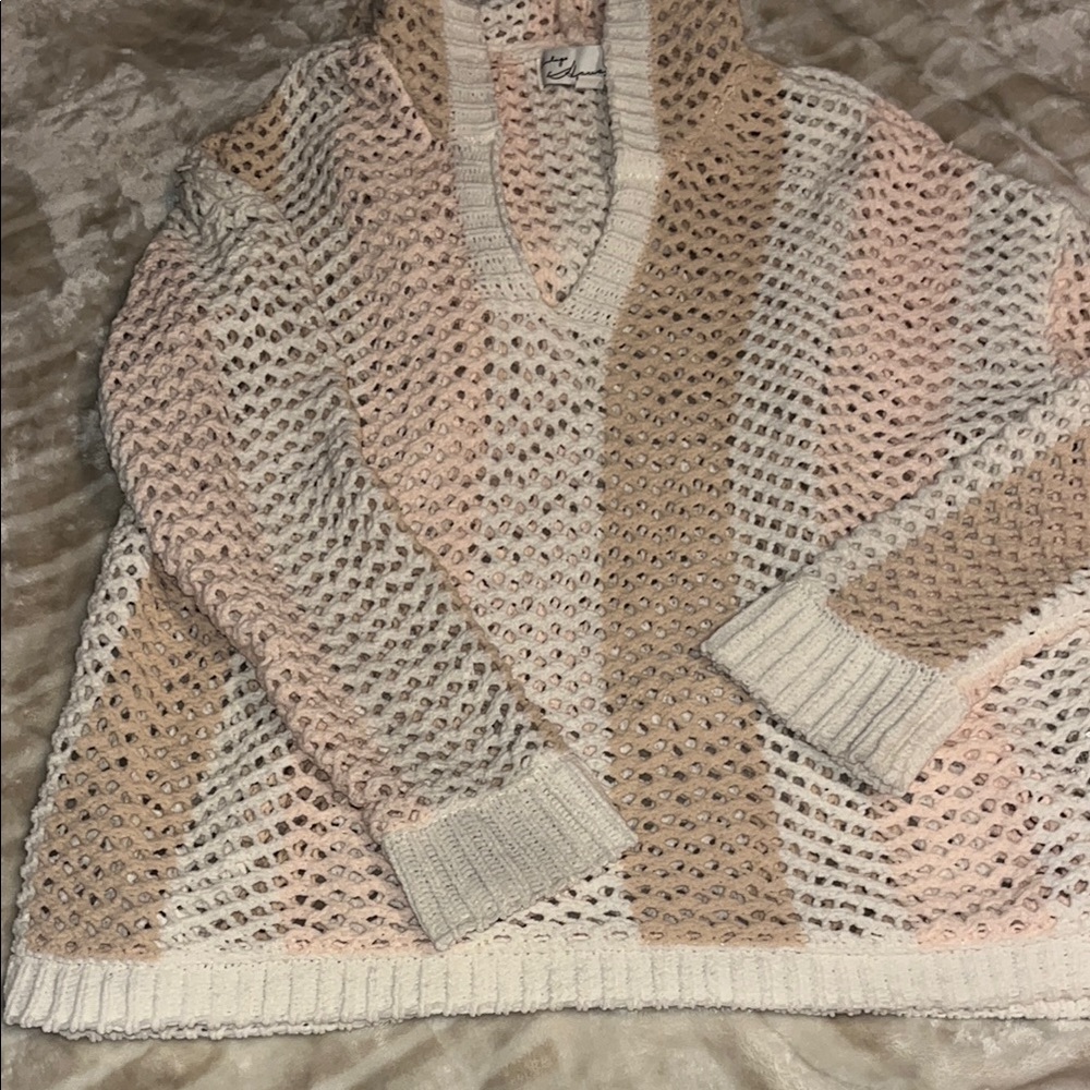 Cozy Knit V-Neck Sweater with hood - Cream, Tan, Pink